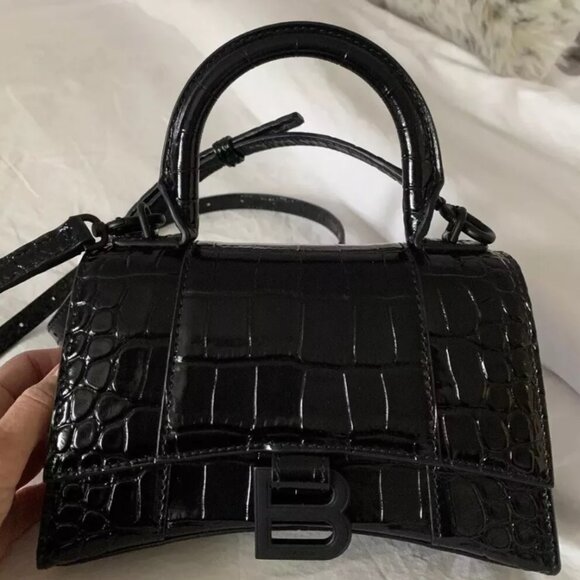 Authentic Balenciaga Extra Small Hourglass Croc Embossed Leather Top Handle Bag - Picture 1 of 10